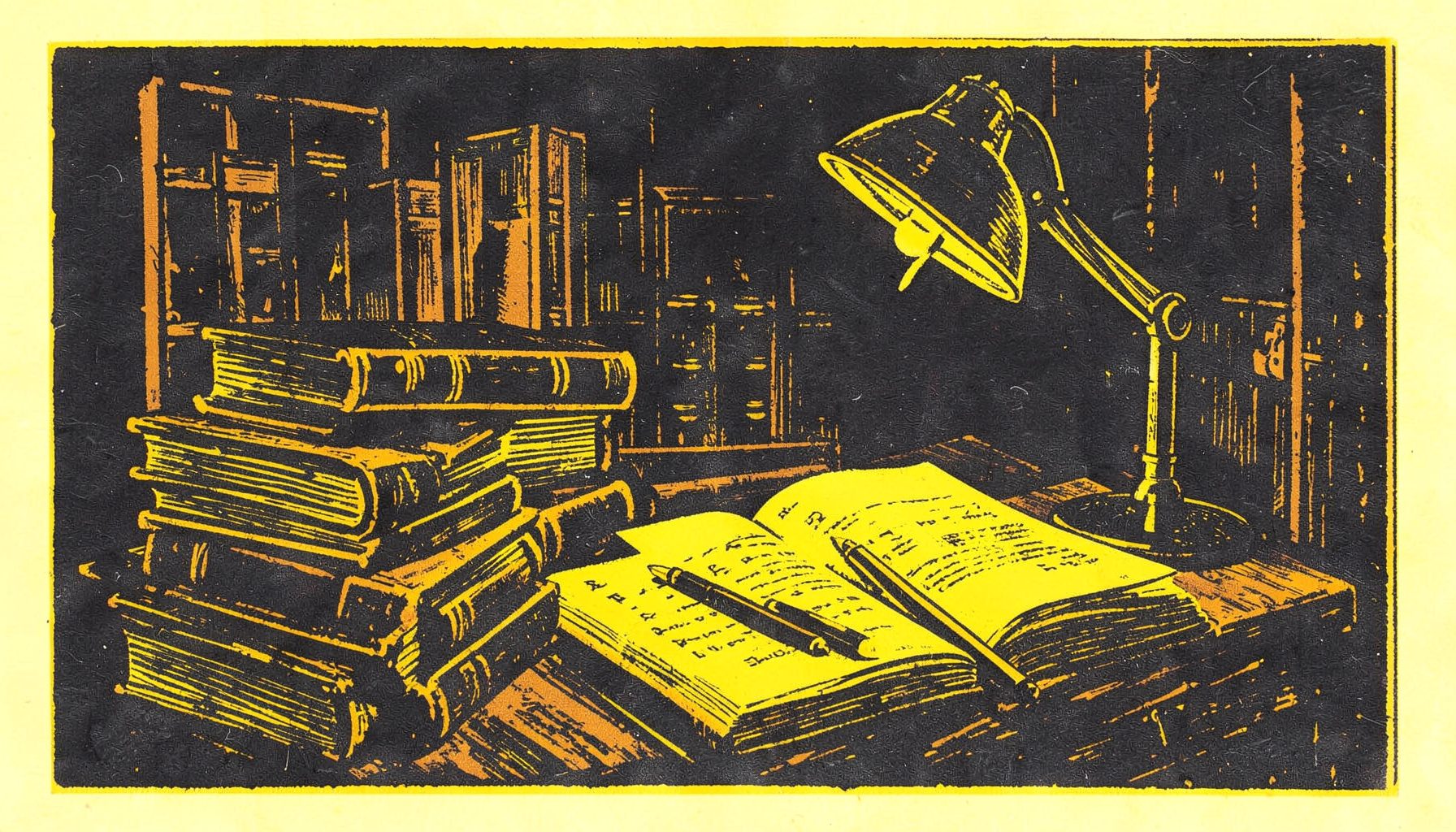 A carved linocut relief print of a quiet academic workspace with stacked books and a reading lamp