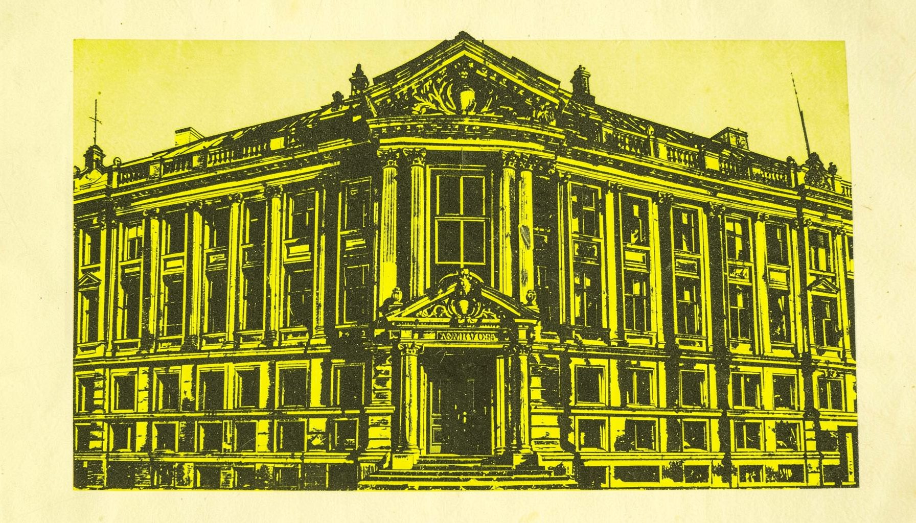 A linocut relief print of a stately European office building facade with tall windows and a carved entrance, rendered in deep navy and warm ochre tones.