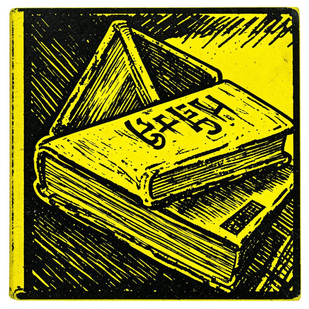 A carved linocut relief print of stacked books in deep olive, charcoal, and muted gold tones