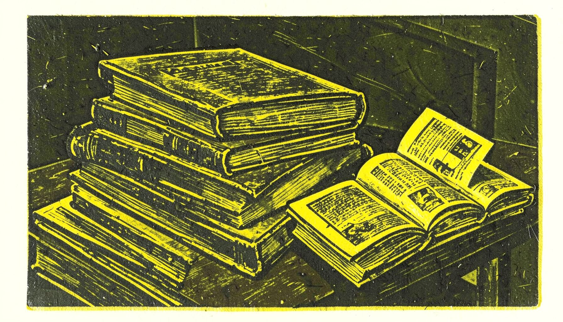 A carved linocut relief print of stacked academic books and open journals on a desk, rendered in deep olive, charcoal, and muted gold