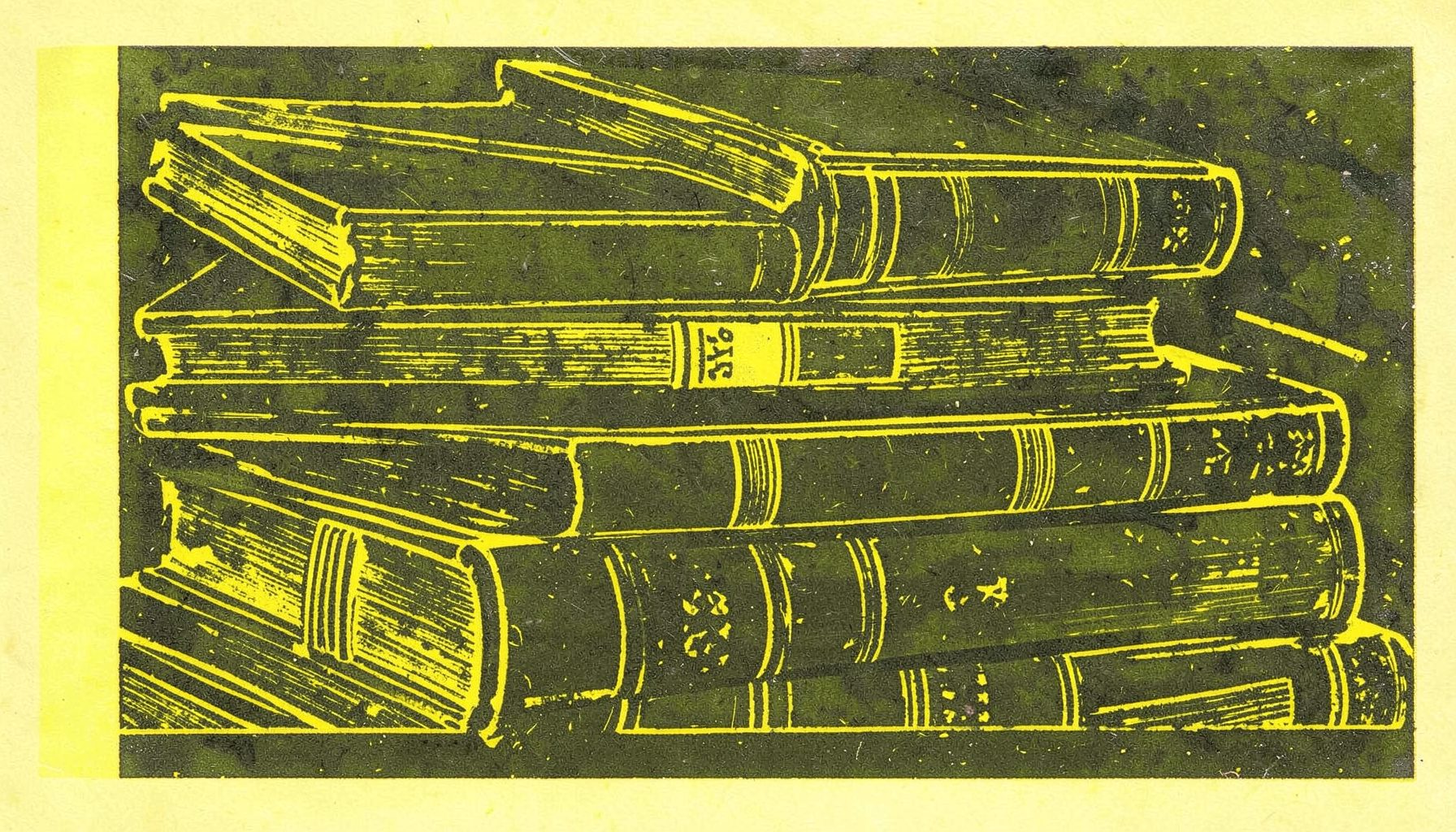 A carved linocut relief print of stacked academic volumes and journal spines in deep olive, charcoal, and muted gold tones