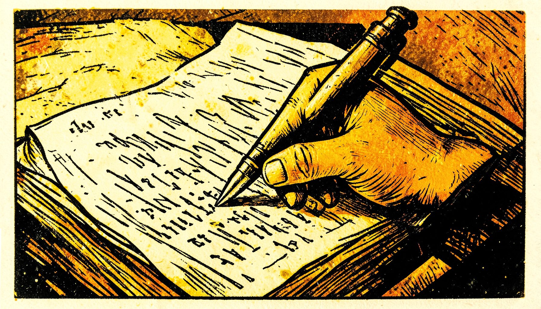 A carved linocut relief print of a hand holding a pen over a manuscript page with bold black ink lines on cream paper