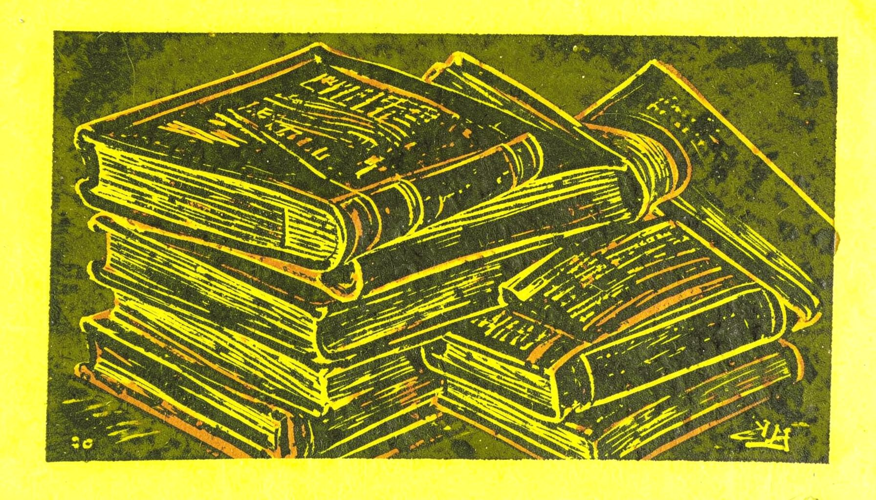 A carved linocut relief print of stacked academic books and open journals rendered in deep olive and charcoal tones